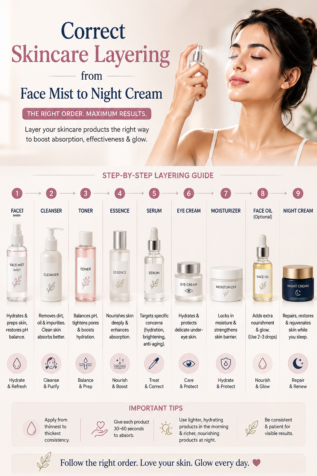 Correct Skincare Layering from Face Mist to Night Cream