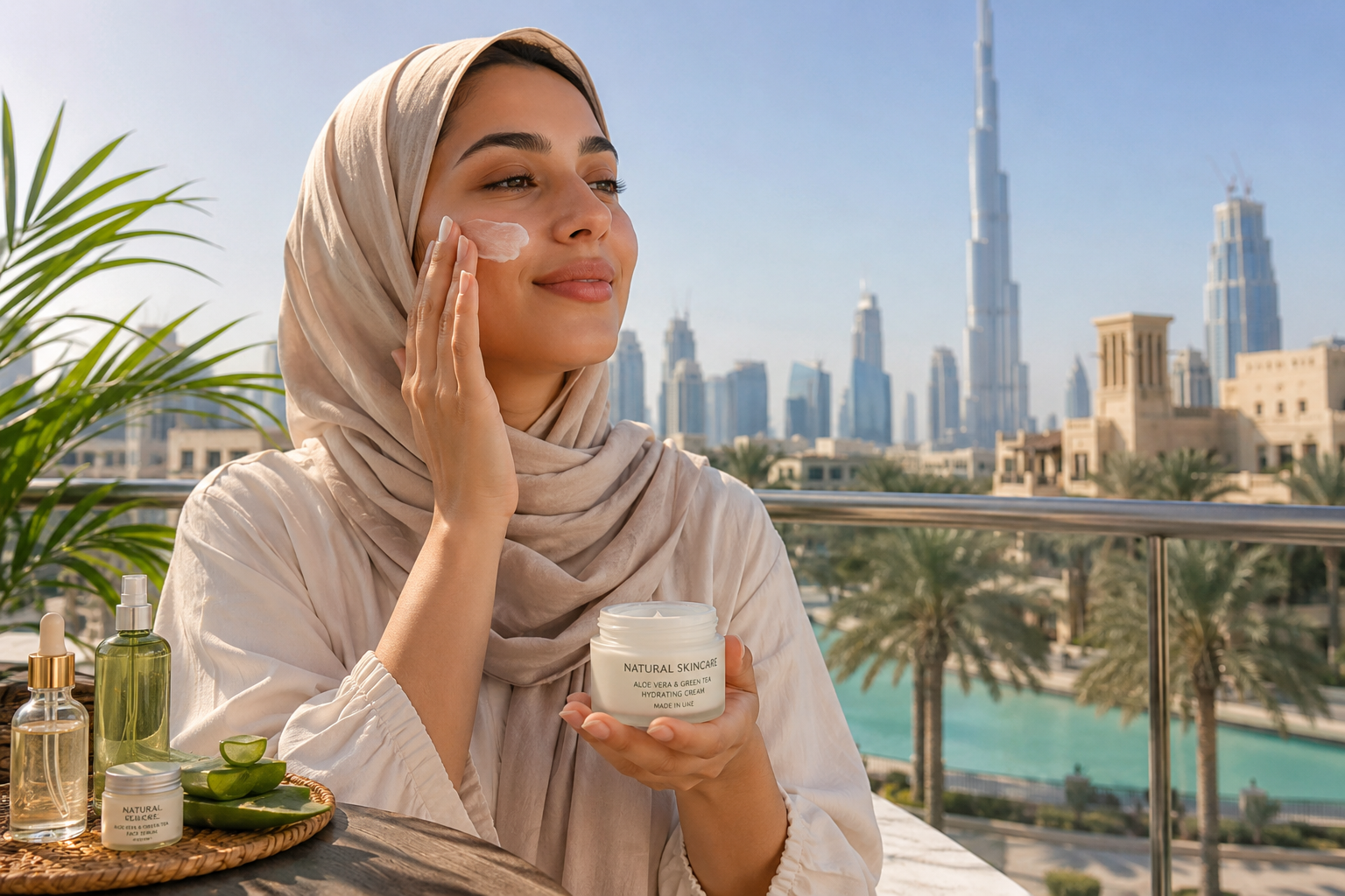 Dubai Woman Applying Natural Skincare During Hot UAE Weather